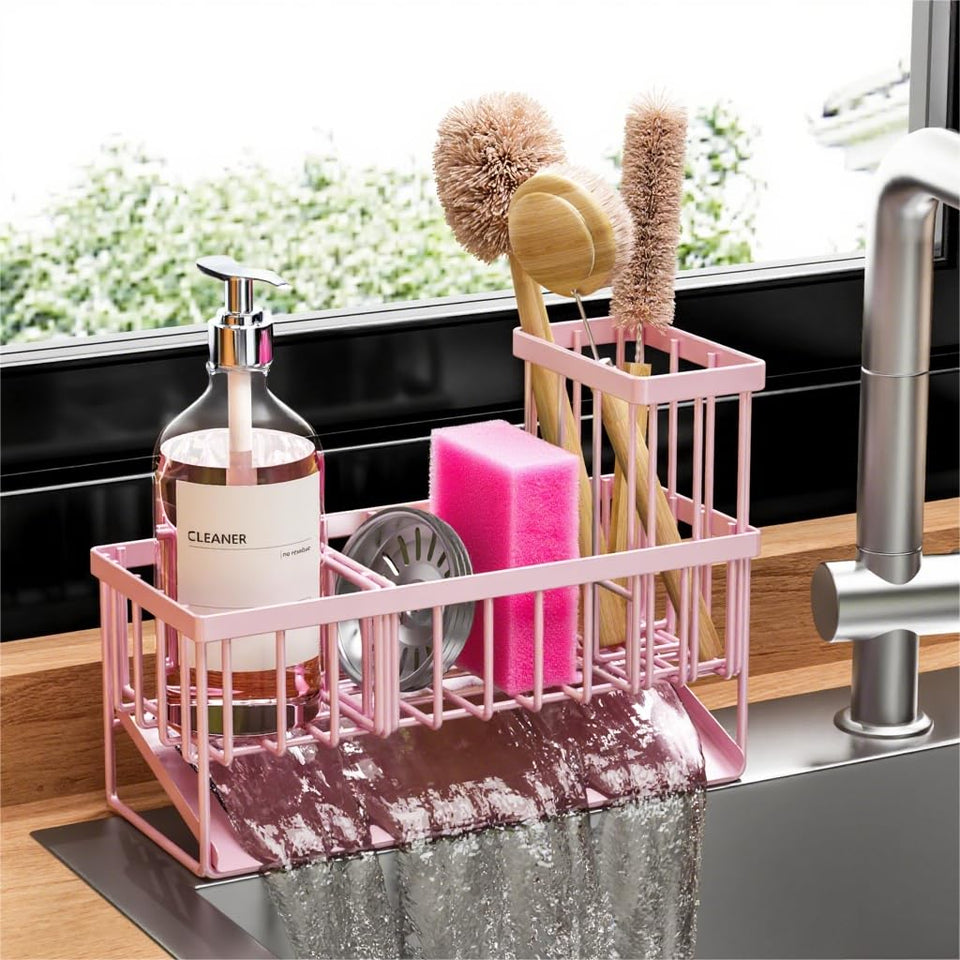 Cisily pink kitchen sink caddy with high brush holder keeps tools organized.