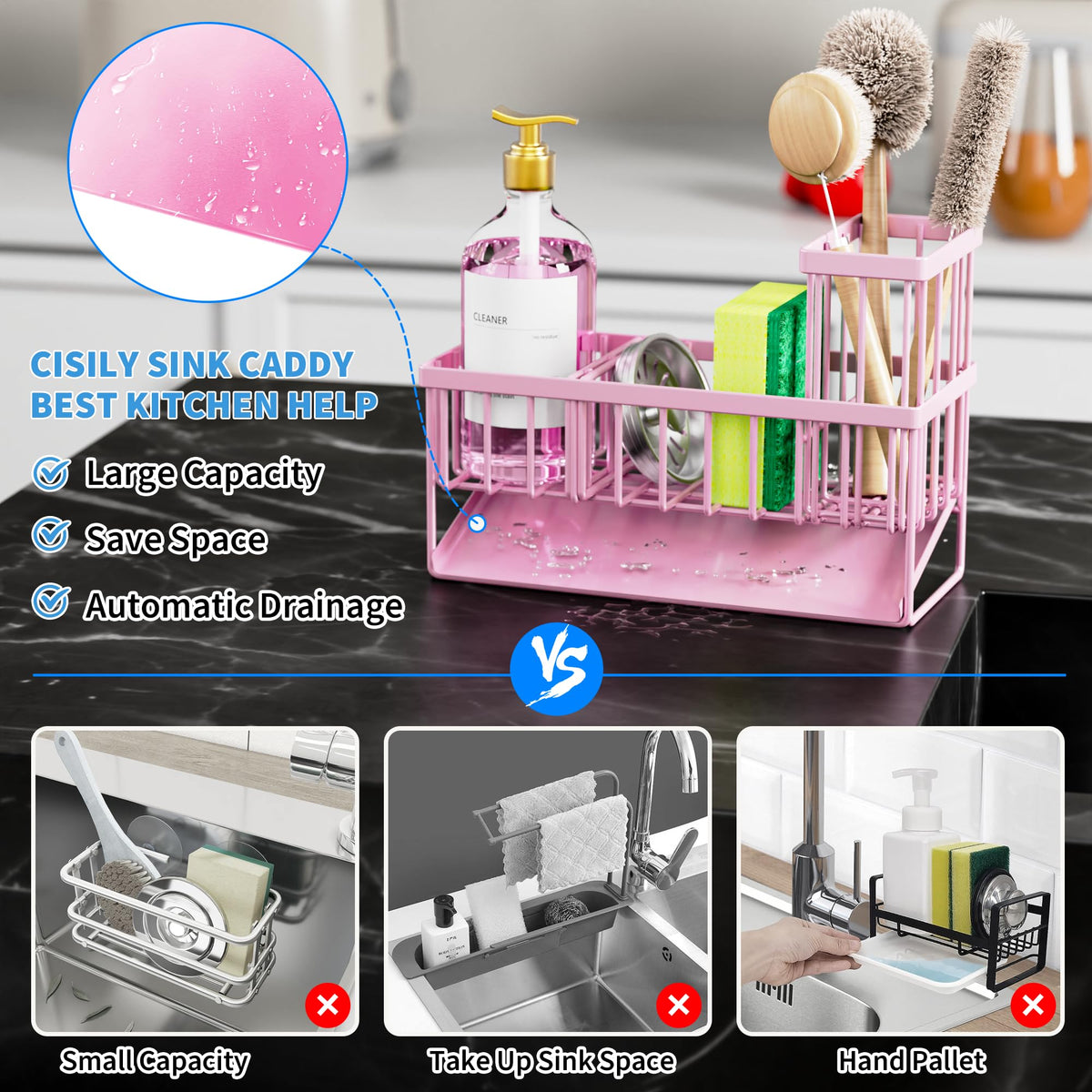 Cisily pink kitchen sink caddy includes sponge holder for easy access.