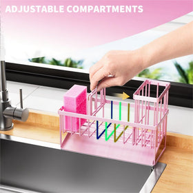 Cisily pink sink accessory set enhances countertop decluttering.