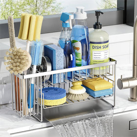 Cisily Silver 2-Tier Sink Caddy showing double storage for sponges and soaps.
