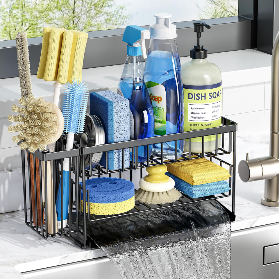 Cisily 2-tier sink caddy shows organized storage beside the sink, reducing clutter