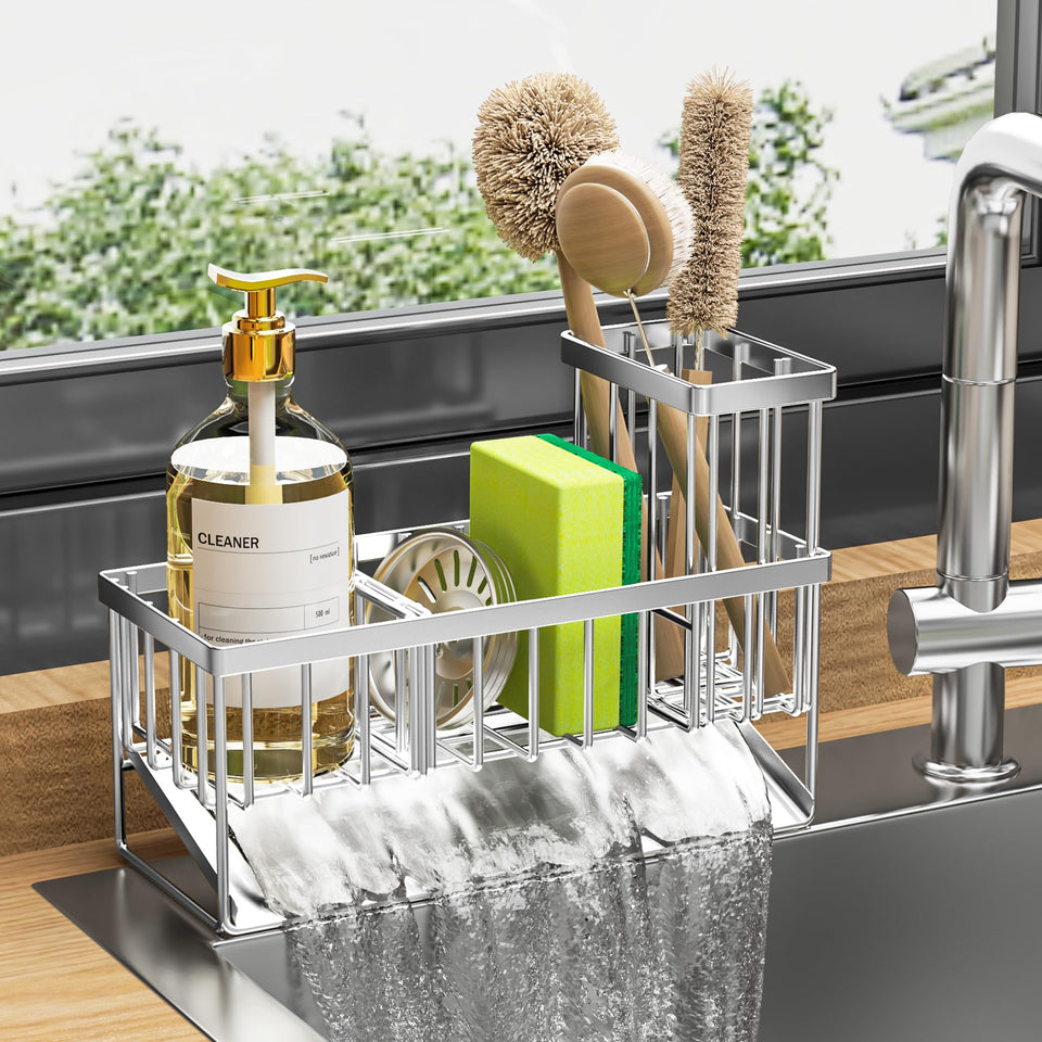 Cisily sink caddy with automatic drainage keeps counters dry and tidy.
