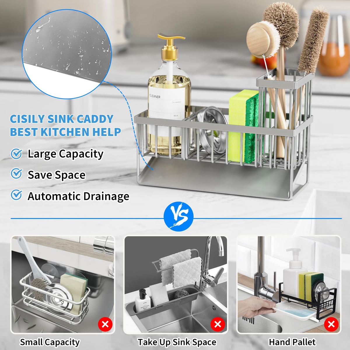Cisily detergent bottle space helps maintain a neat, tidy sink area