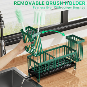Ergonomic divider design separates sponge, brushes, and stopper for easy access.