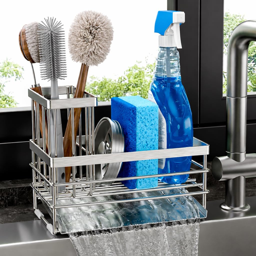 Cisily sink caddy with drain tray keeps counters dry and organized.