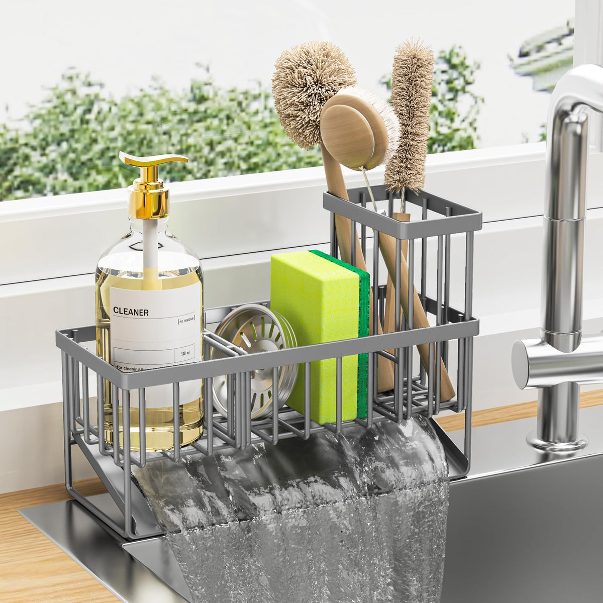 Cisily sink caddy with high brush holder keeps brushes organized and within reach