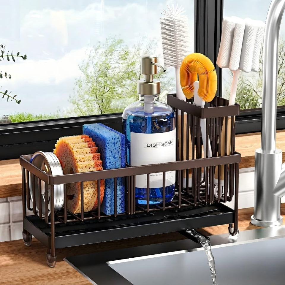 Cisily sink caddy with rotatable spout directing water into the sink to keep counters dry