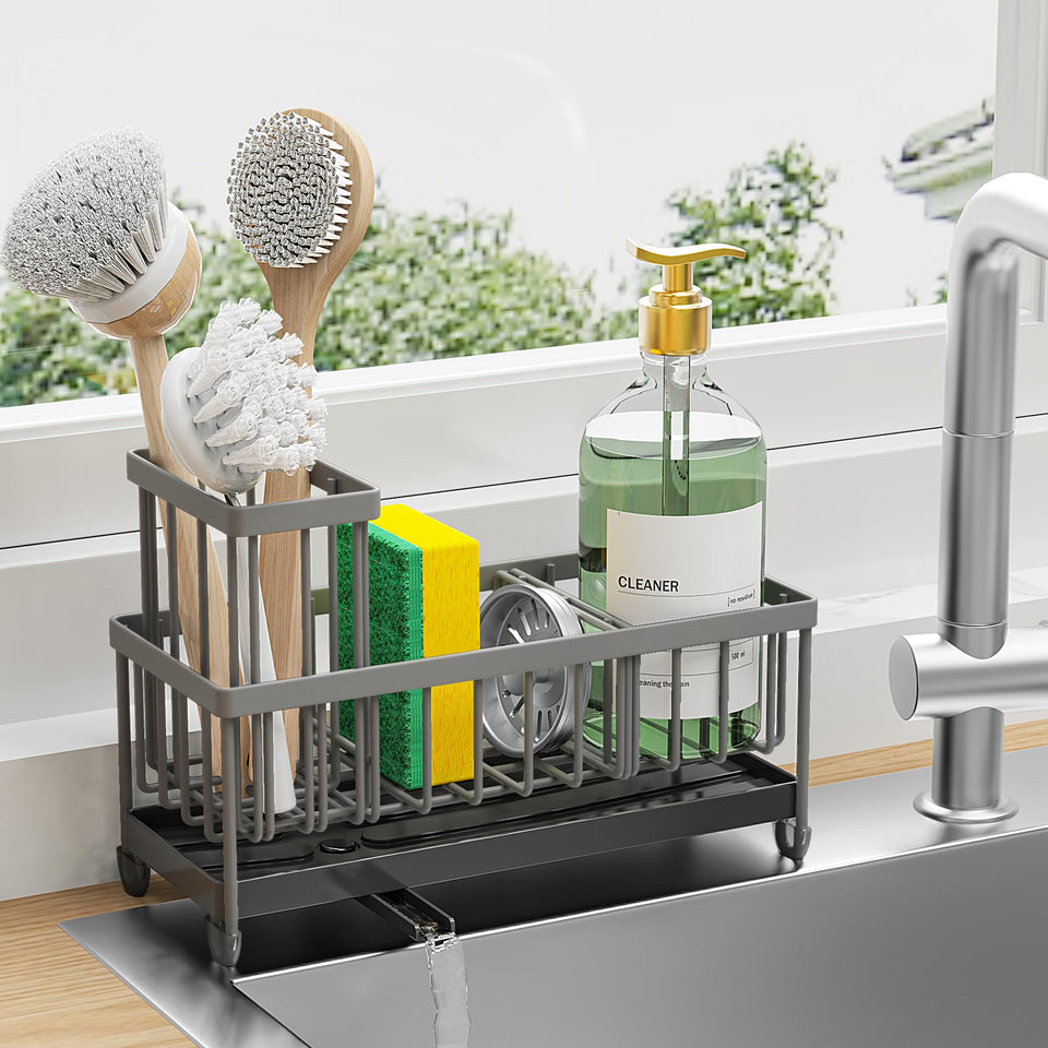 Cisily sink caddy with rotatable spout reduces countertop water mess