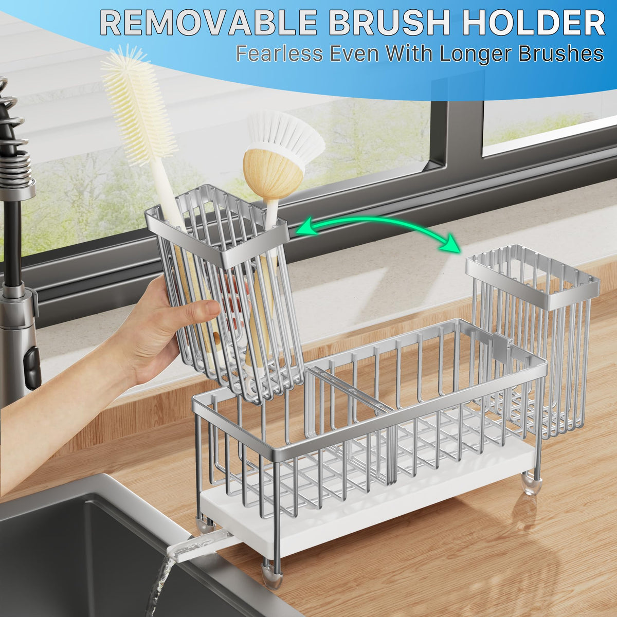 Cisily sink caddy with three compartments keeps sponge, bottle, and stopper neatly organized.