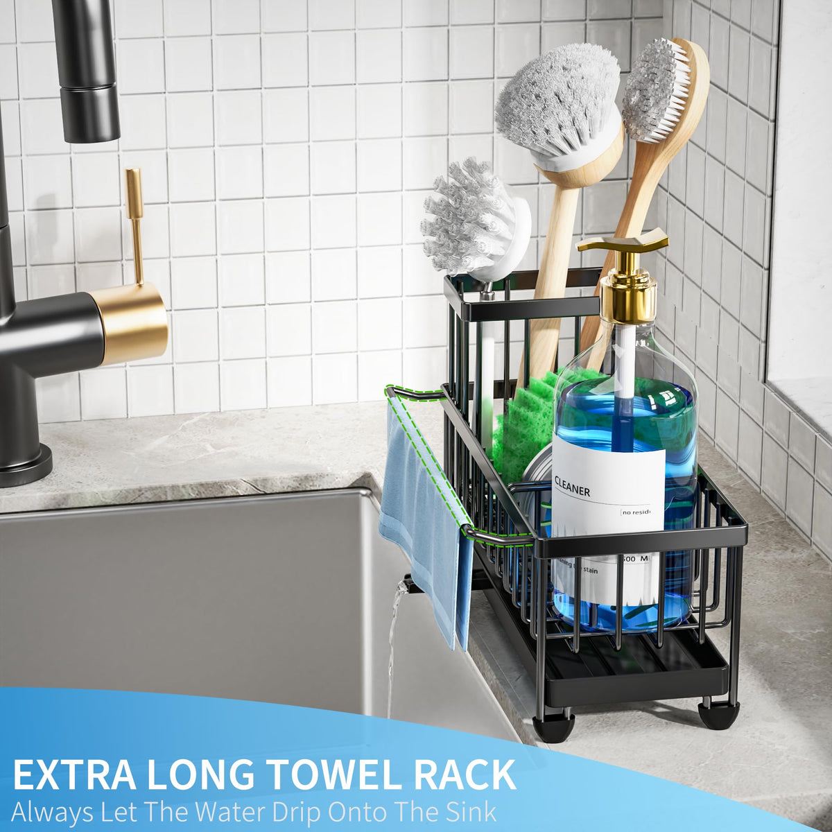 Cisily sink caddy with three compartments keeps sponge, bottle, and stopper organized.