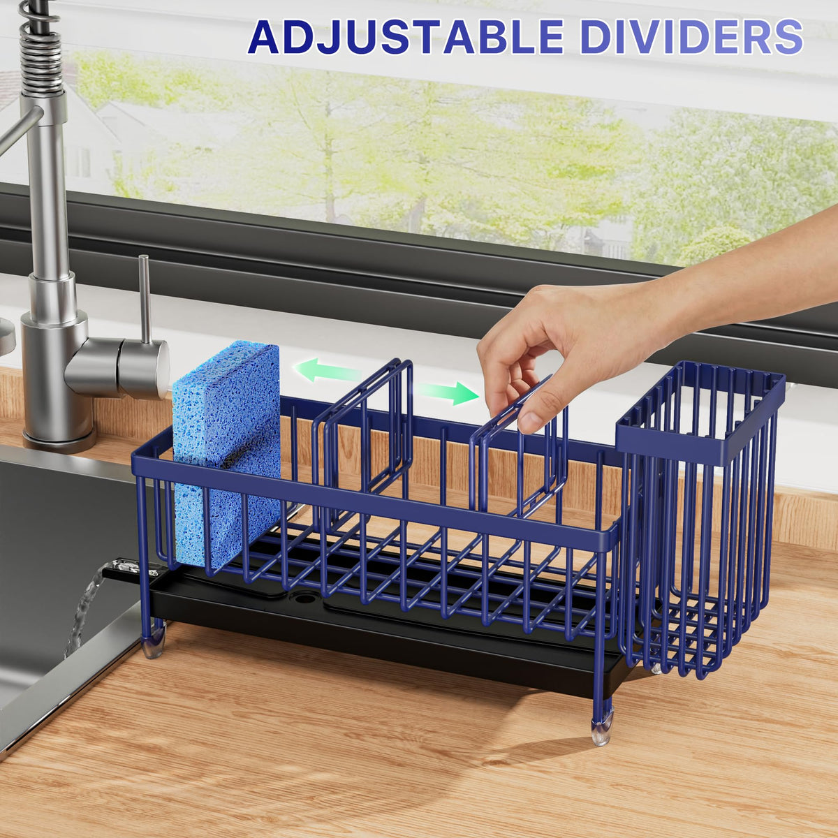 Cisily sink caddy with three divided compartments keeps cleaning tools organized.