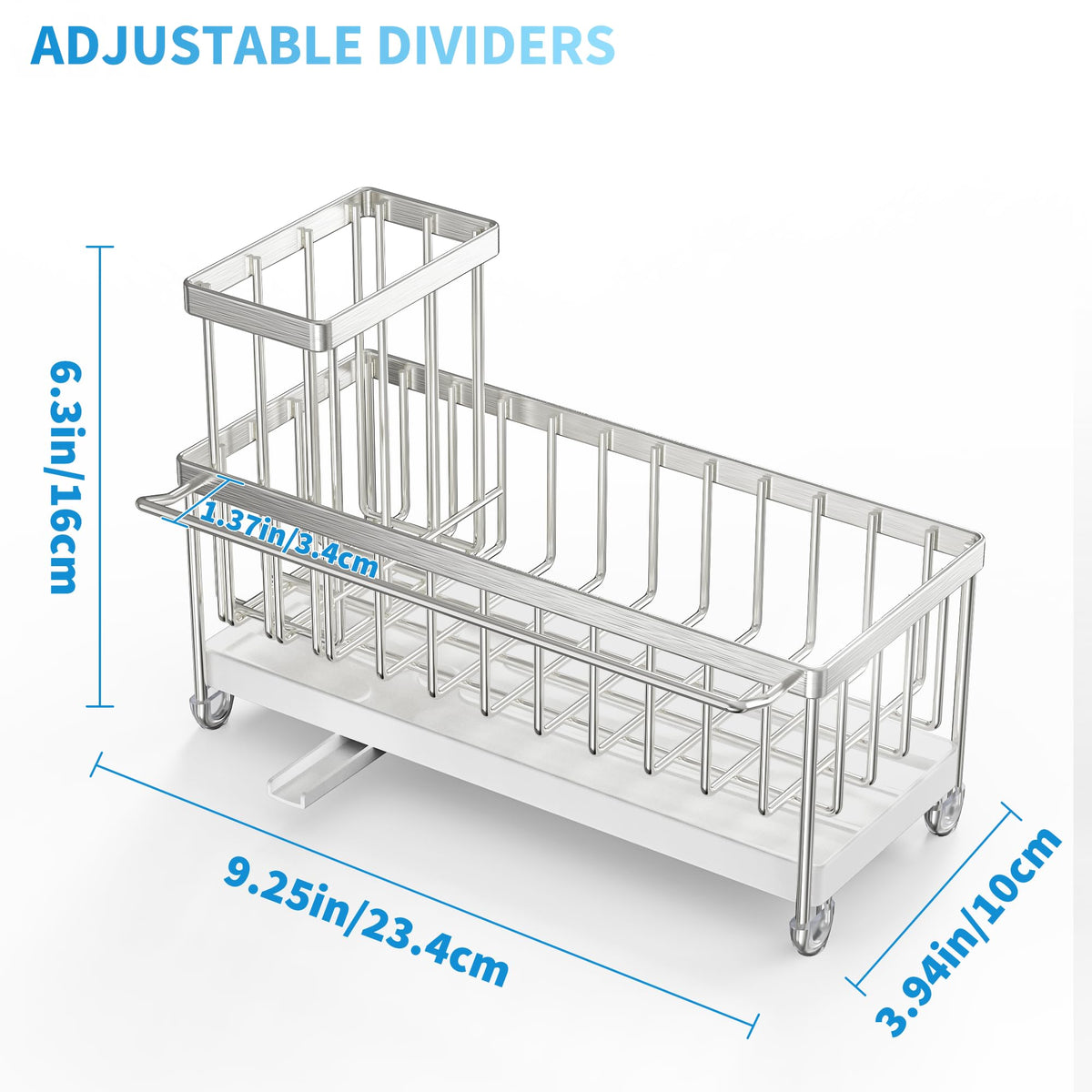 Cisily silver sink organizer with towel rack adds a handy drying space.