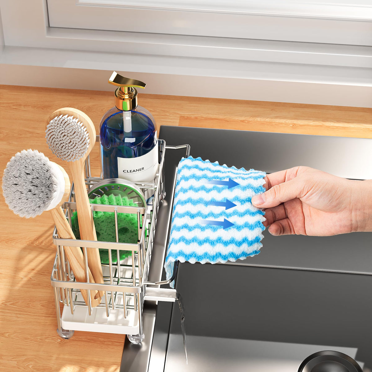 Cisily sponge holder in compact size fits small kitchens while organizing sponge, bottle, and stopper.
