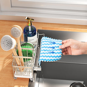 Cisily sponge holder in compact size fits small kitchens while organizing sponge, bottle, and stopper.