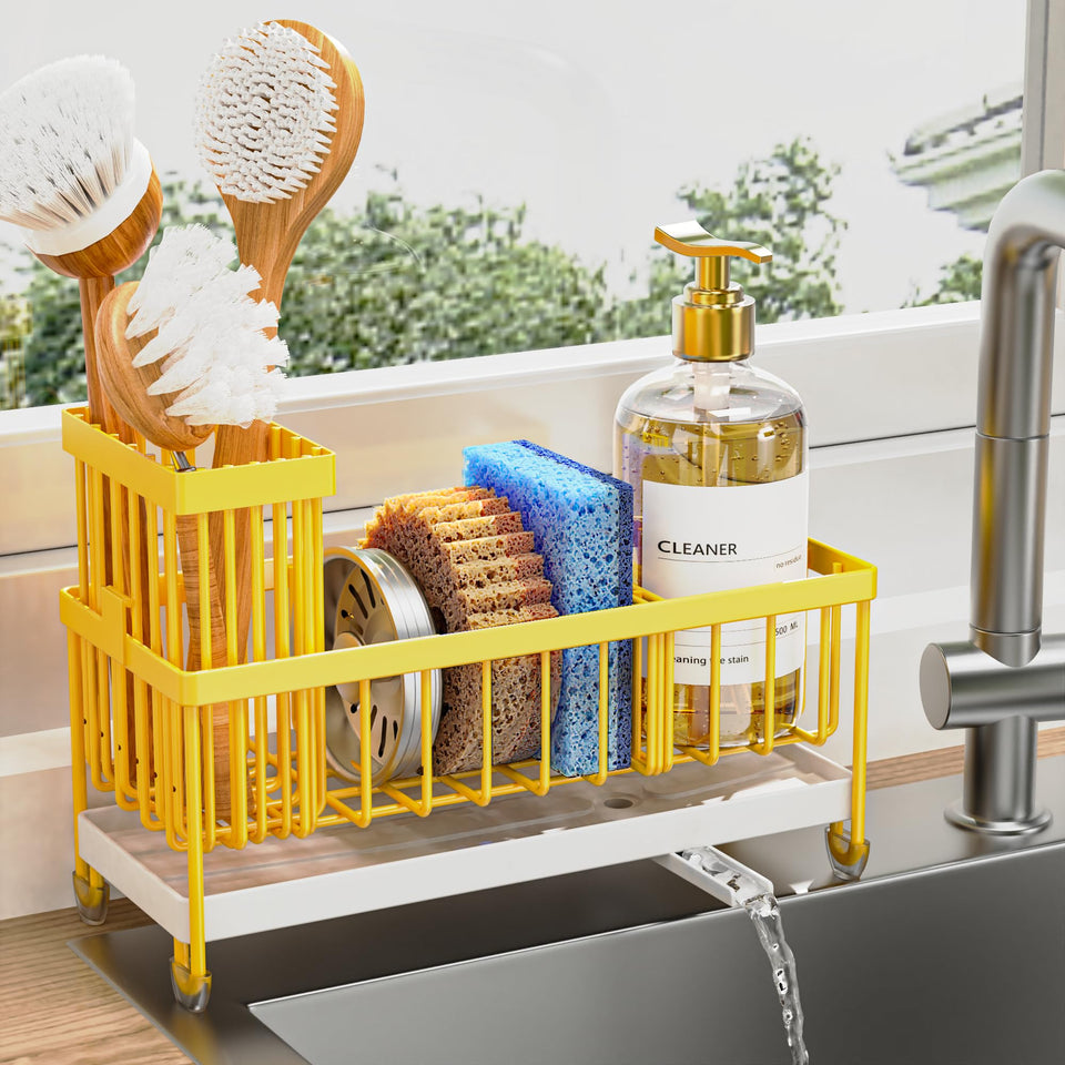 Cisily sponge holder with rotatable spout keeps countertop dry and clean.