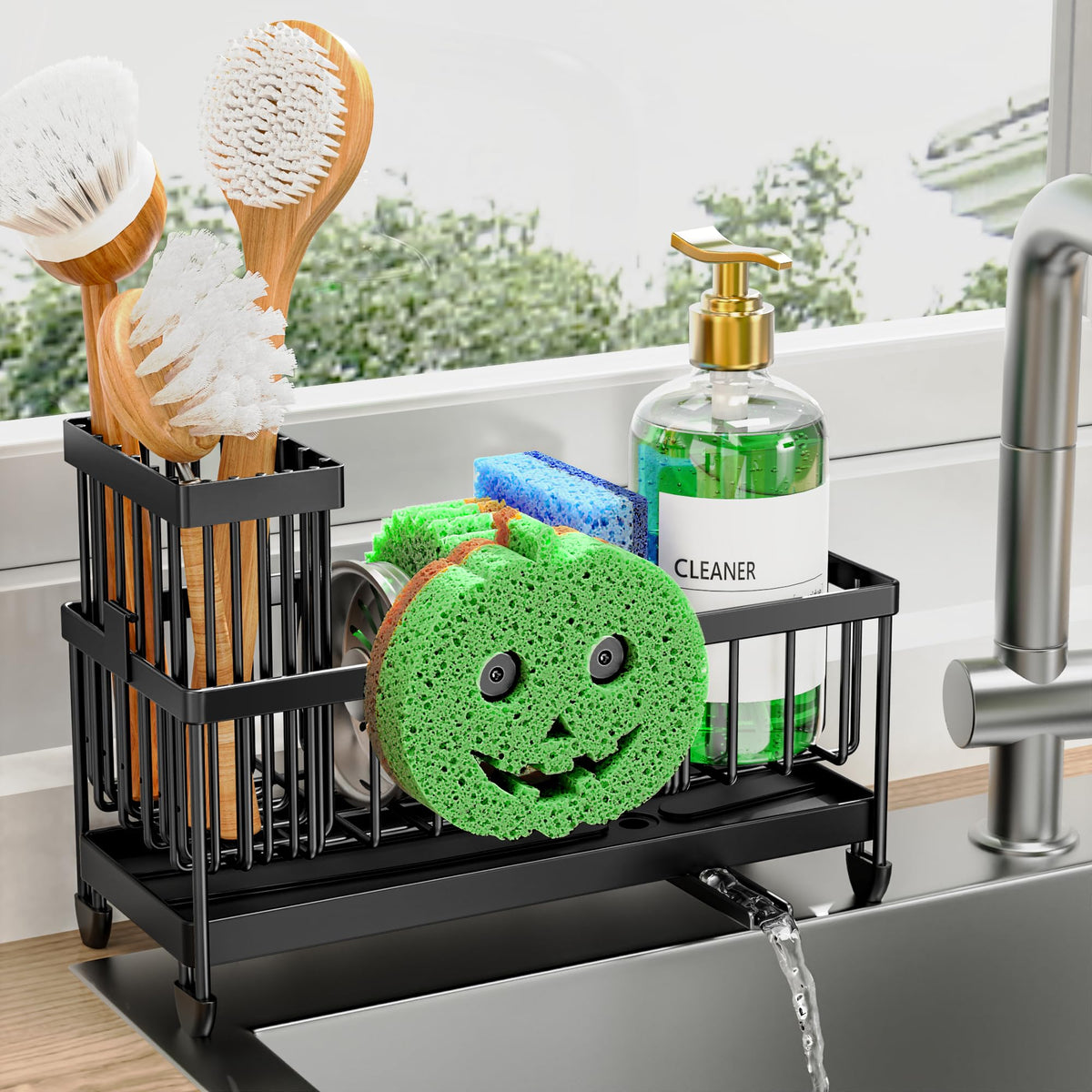 Cisily sponge holder with rotatable spout keeps counter dry and neat