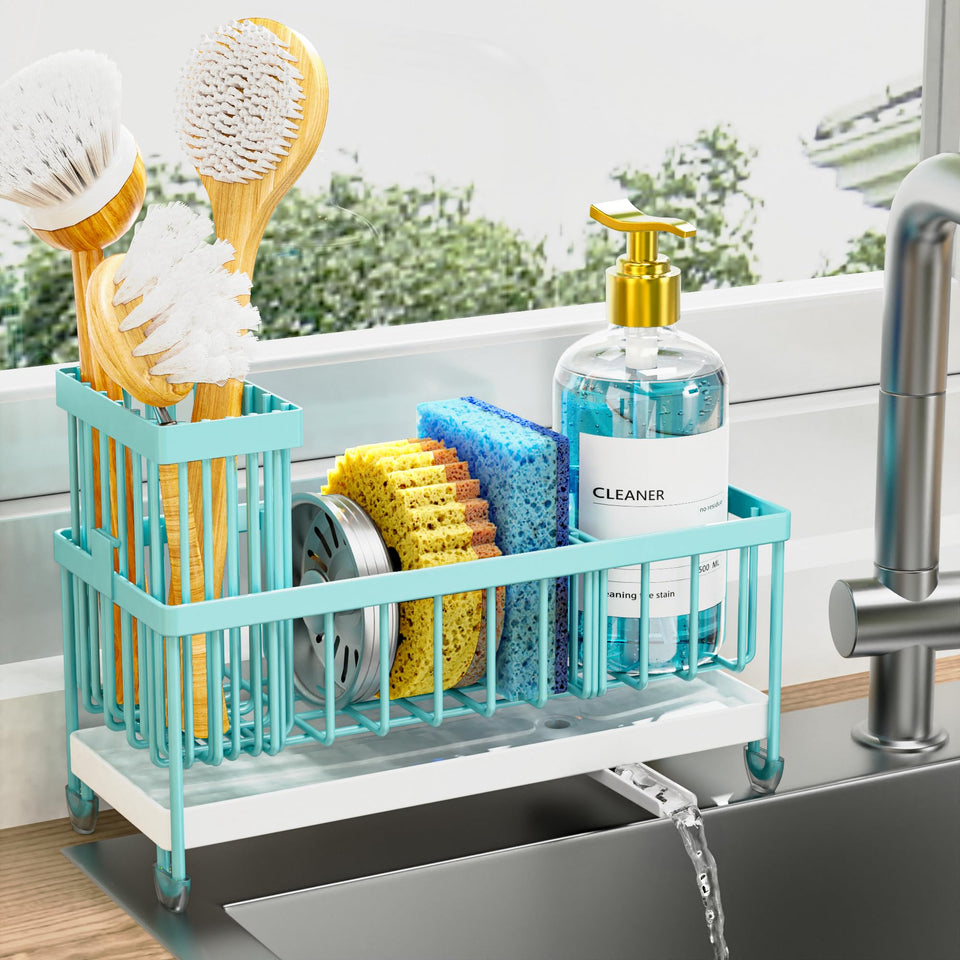 Cisily sponge holder with rotatable spout directing water to the sink, keeping counters dry.
