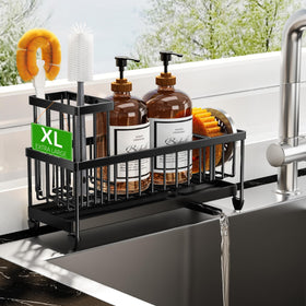 Cisily sponge holder with rotatable spout directs water into the sink to keep counters dry