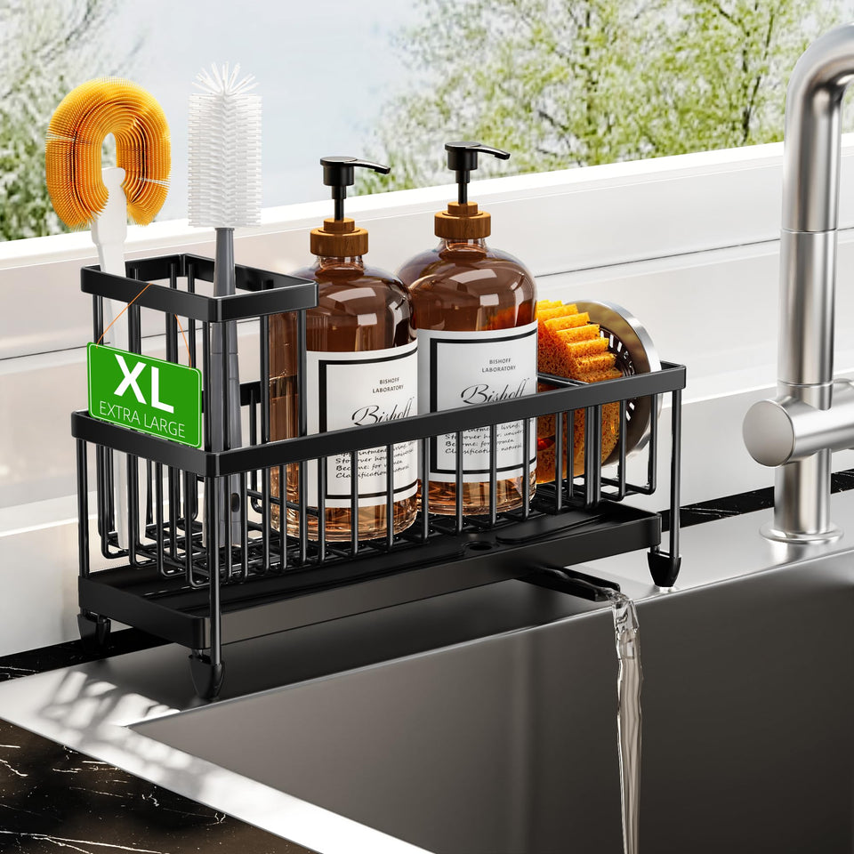 Cisily sponge holder with rotatable spout directs water into the sink to keep counters dry