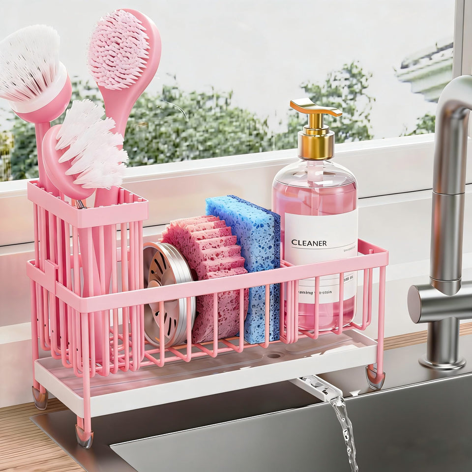Cisily pink sponge holder with rotatable spout directs water to the sink and keeps counter dry