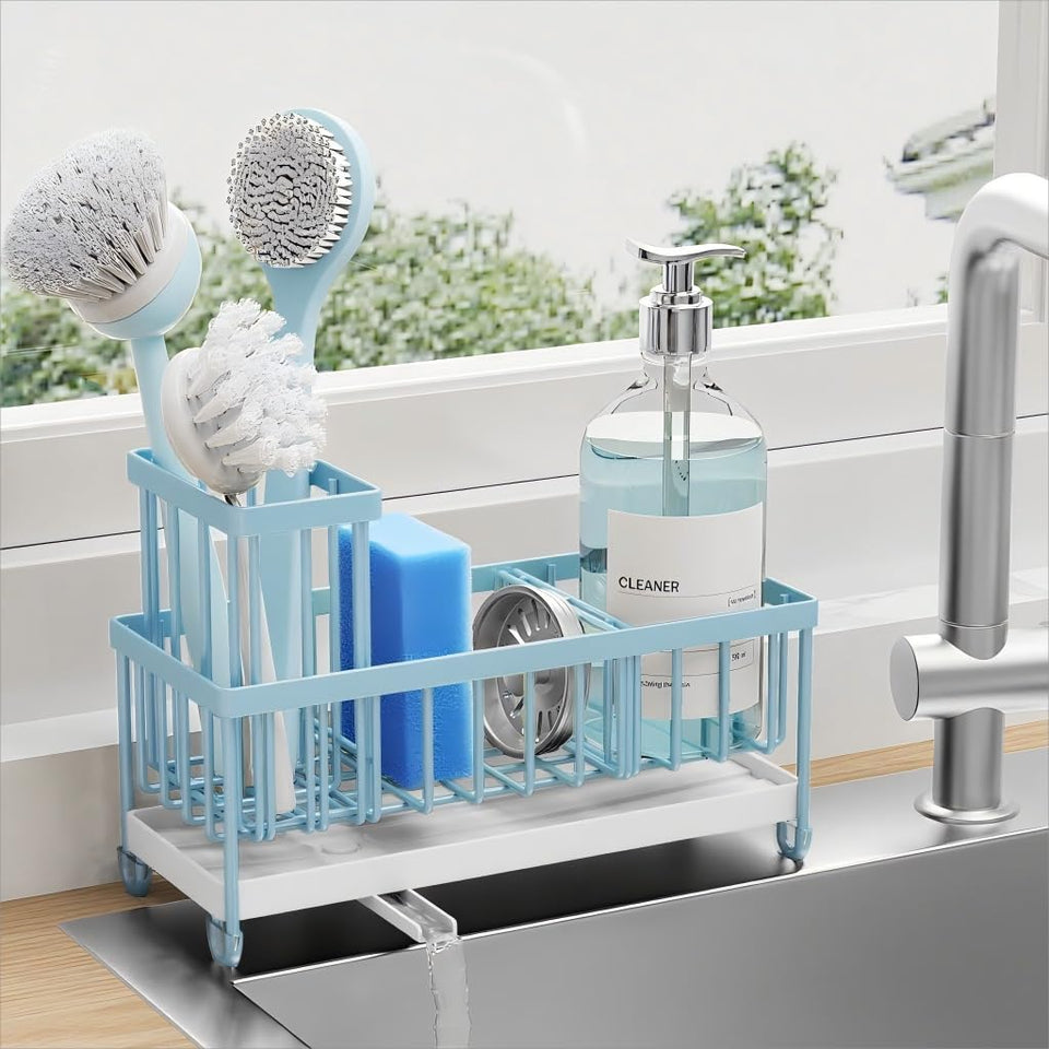 Cisily sponge holder with rotatable spout keeps counters dry and tidy