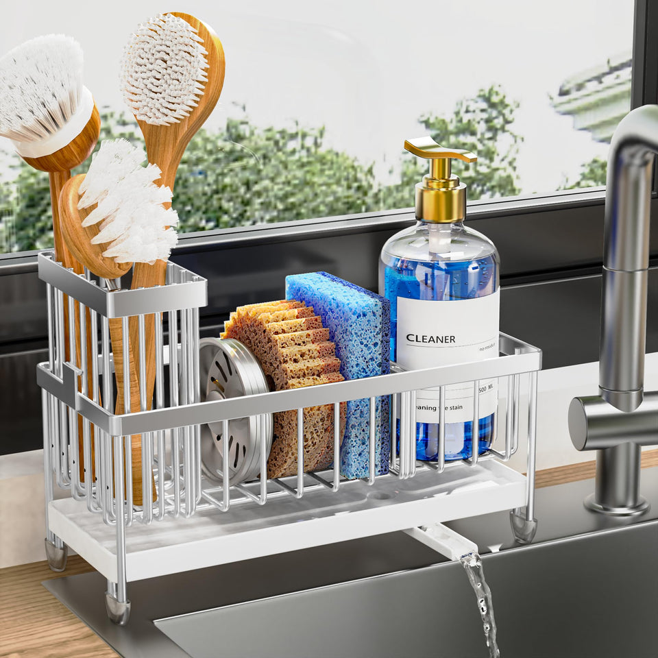 Cisily sponge holder with rotatable spout directs water into the sink for a cleaner countertop.