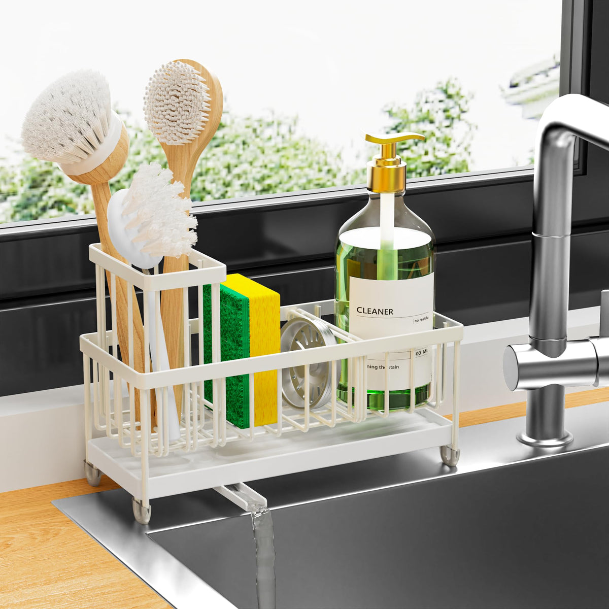 Cisily sponge holder with rotatable spout directs water to sink, keeping counter dry