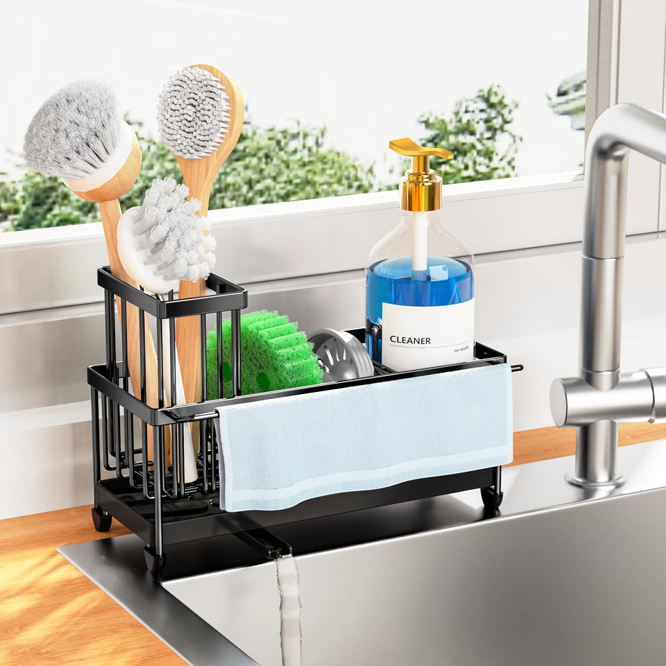 Cisily sponge holder with rotatable spout directs water to the sink.