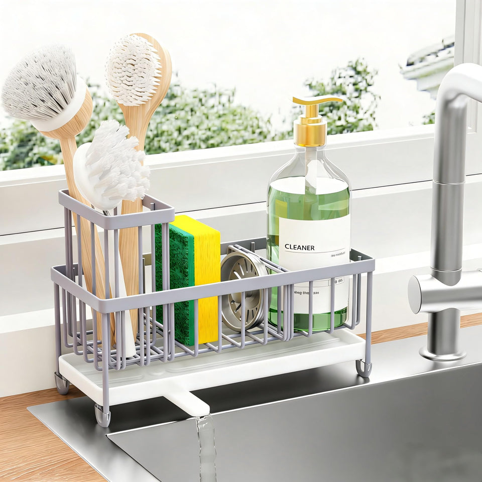 Cisily sponge holder with rotatable spout directing water to the sink for a dry countertop