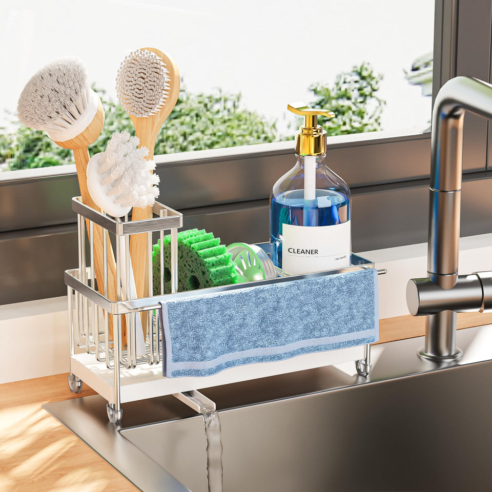 Cisily sponge holder with rotatable spout directs water into the sink for a dry counter.