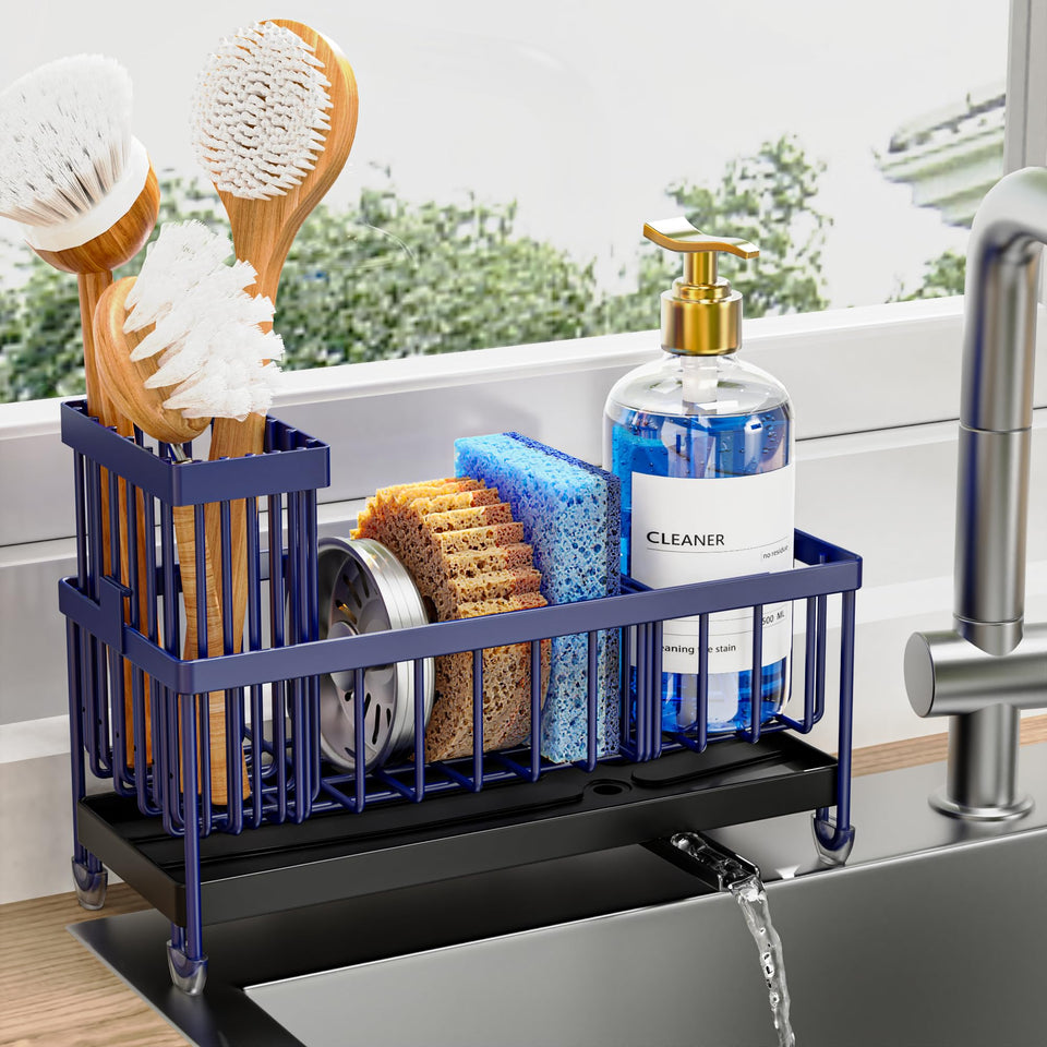 Cisily sponge holder with rotatable spout directing water to sink for dry countertops.