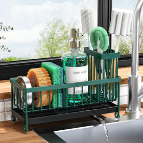 Cisily sponge holder with rotatable spout keeps counters dry and organized.