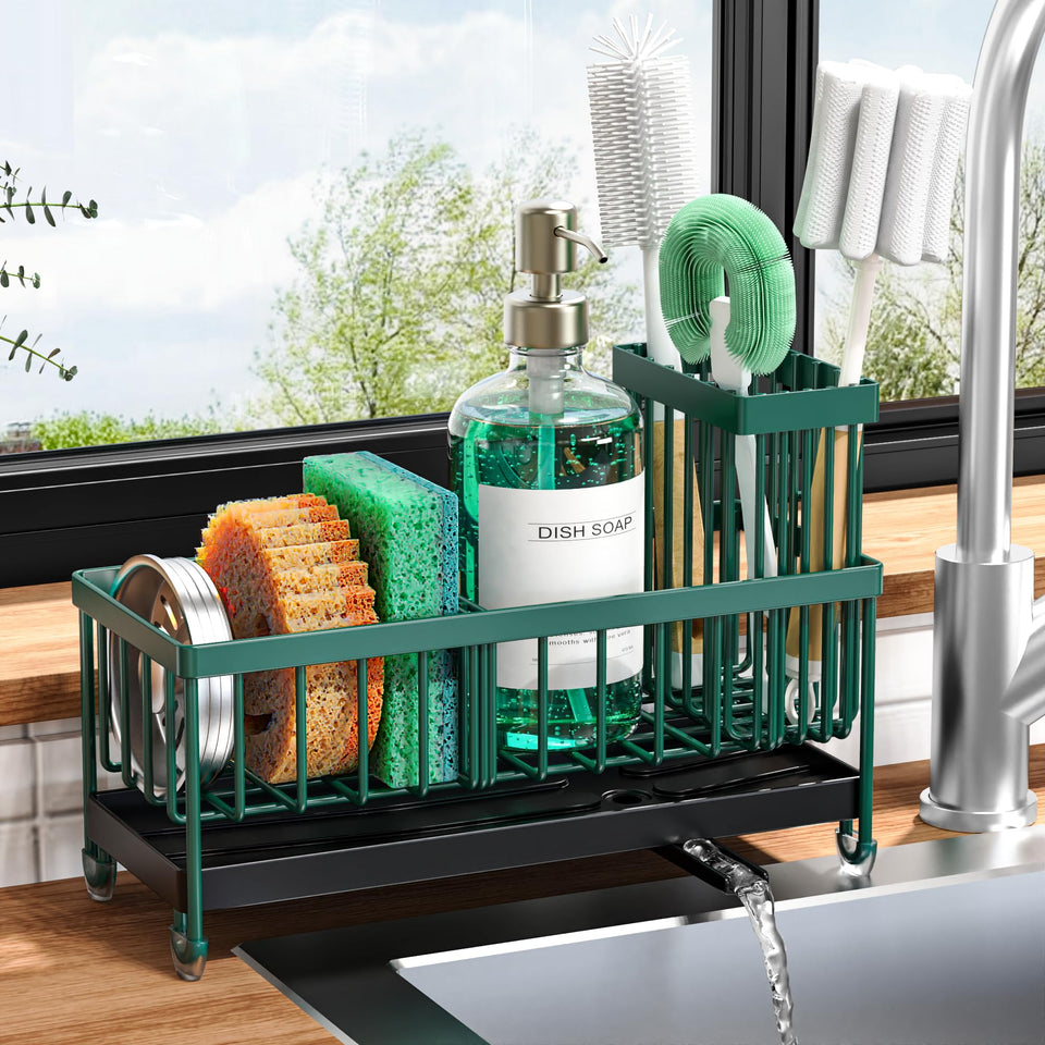Cisily sponge holder with rotatable spout keeps counters dry and organized.