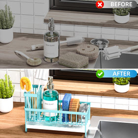 Cisily teal kitchen decor adds color while organizing sink essentials.