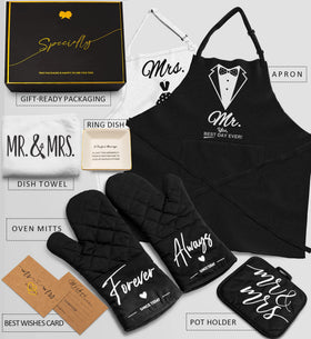 CITTA oven mitts and pot holder trio protecting clothes during baking and cleaning tasks.