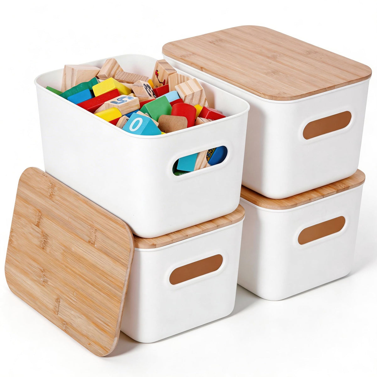 Citylife storage bins with bamboo lids in a 4-pack for stylish desk organization.