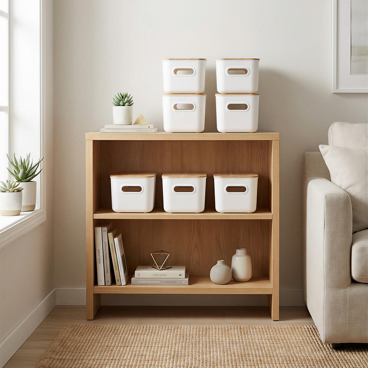 Citylife stackable bins with handles save shelf space and simplify access.