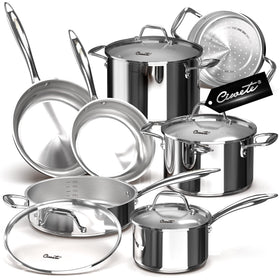 Ciwete 11-piece tri-ply set ready for cooking, showcasing even heating capability.