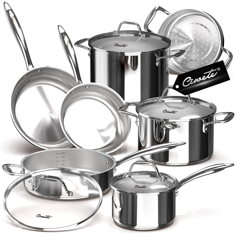 Ciwete 11-piece tri-ply set ready for cooking, showcasing even heating capability.