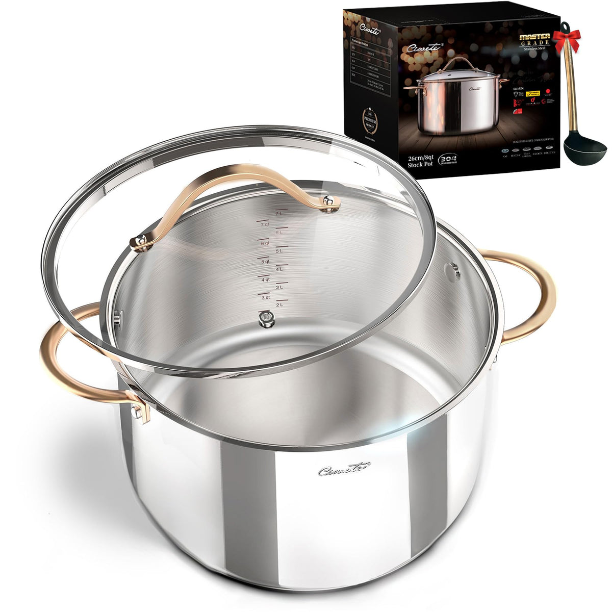 Ciwete 8-quart stock pot with lid on stove showing even heat ready for simmering.