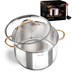 Ciwete 8-quart stock pot with lid on stove showing even heat ready for simmering.
