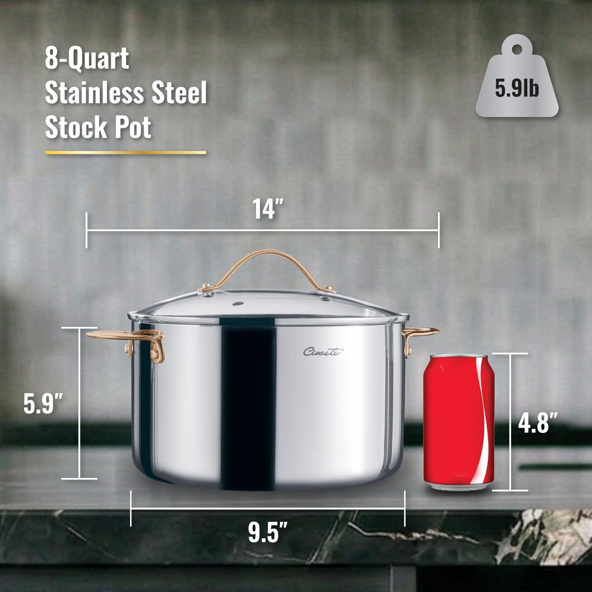 Ciwete 8-quart stock pot ready for soups and large-batch cooking in kitchen.