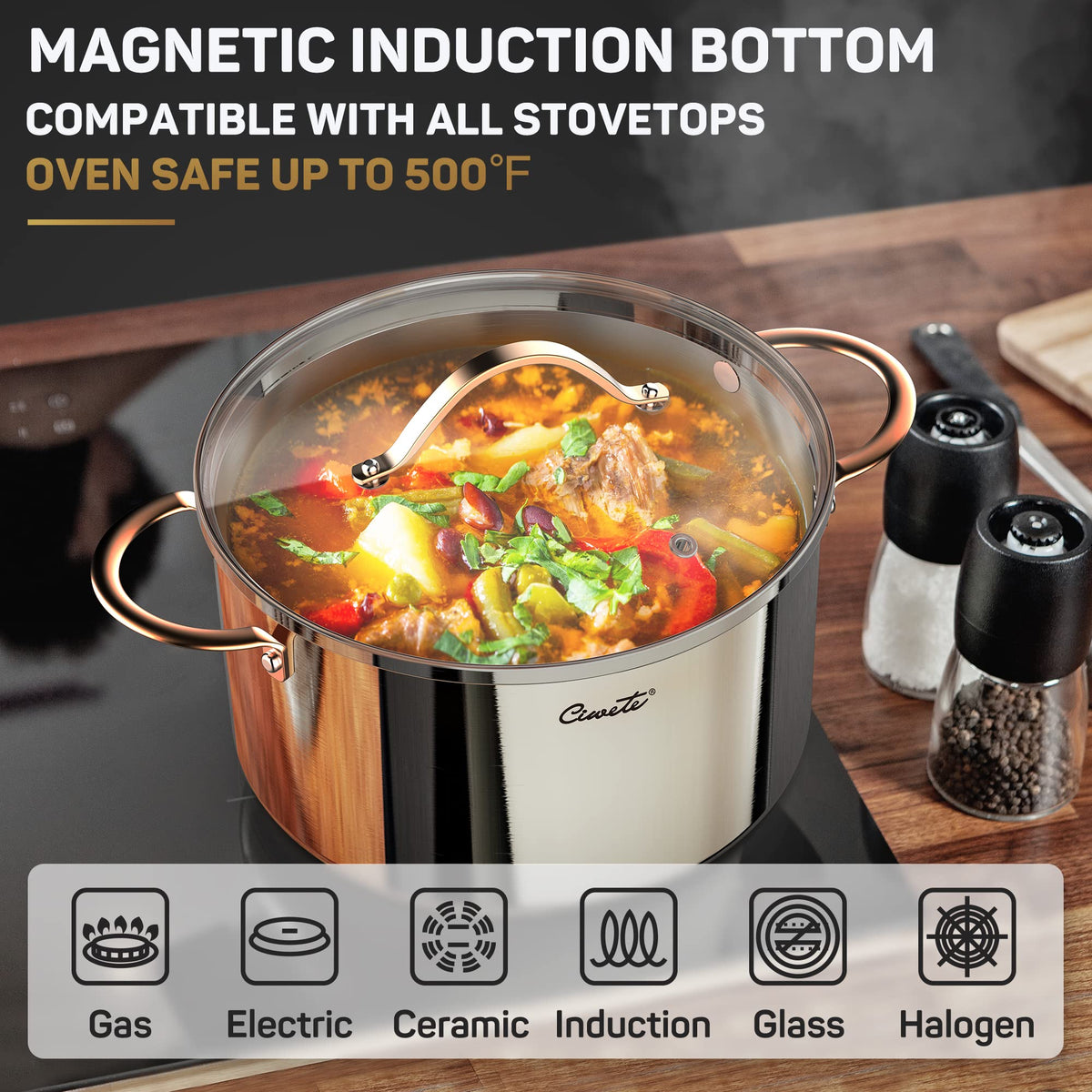 Ciwete copper-colored handles stay cool during long simmering sessions.