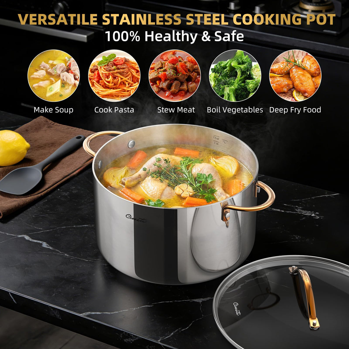 Dual-scale measurements in quarts and liters simplify prep