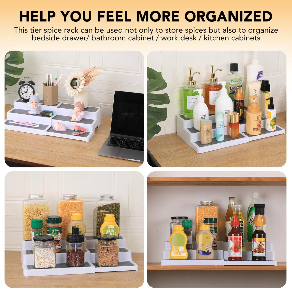 CiWiVOKi 3-tier expandable rack fits pantries and cabinets for versatile storage.