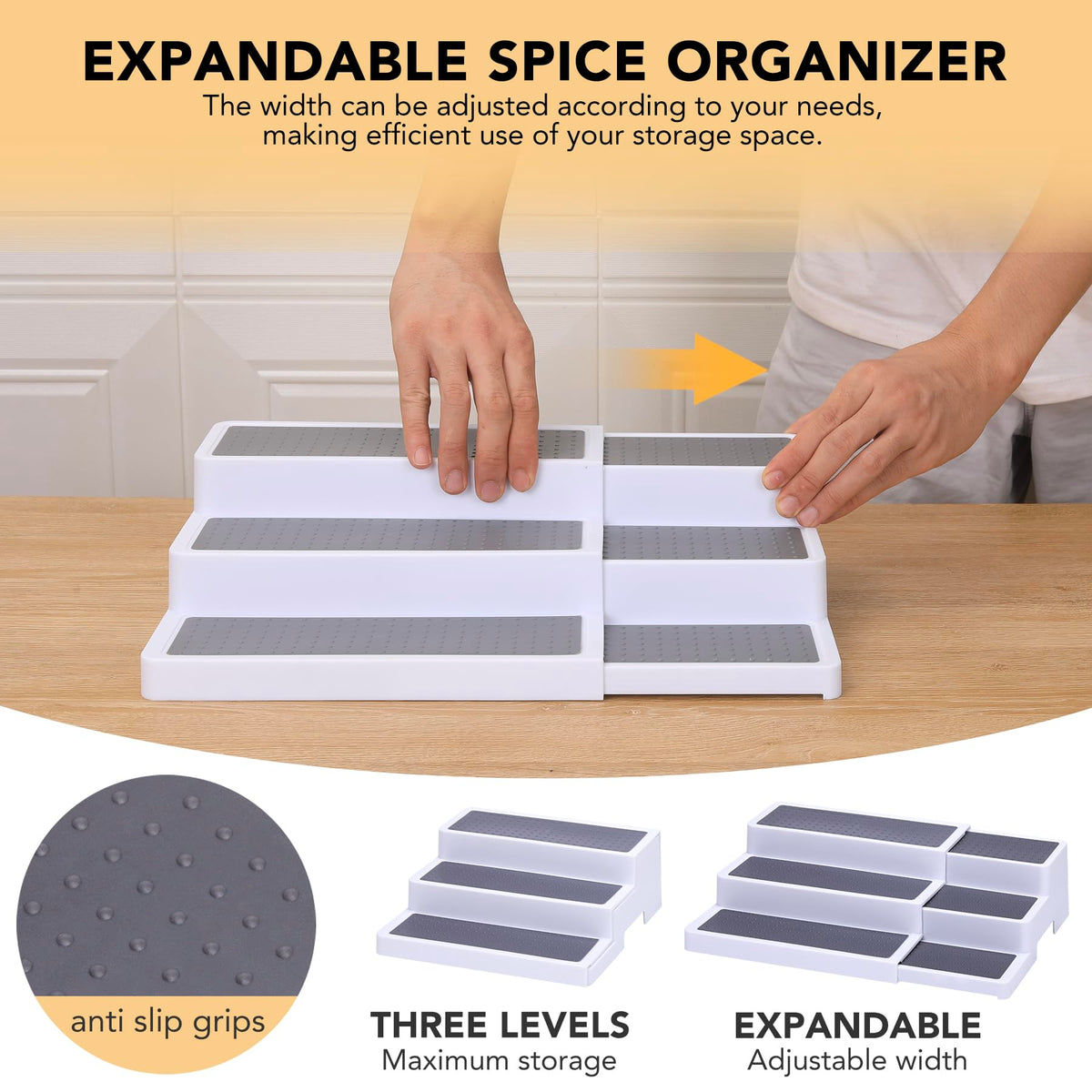 CiWiVOKi stepped shelves keep spices visible and within reach.