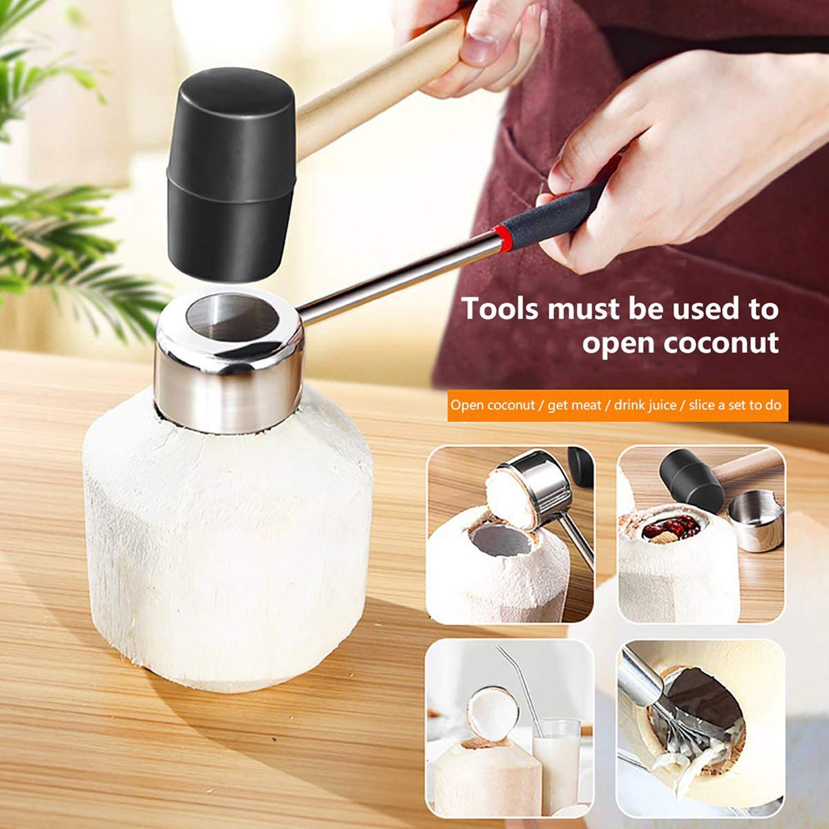 CJFocus coconut opener set T-type opener in action for smooth, clean holes