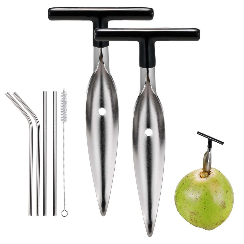 CJFocus coconut opener tool in use to access fresh coconut water.