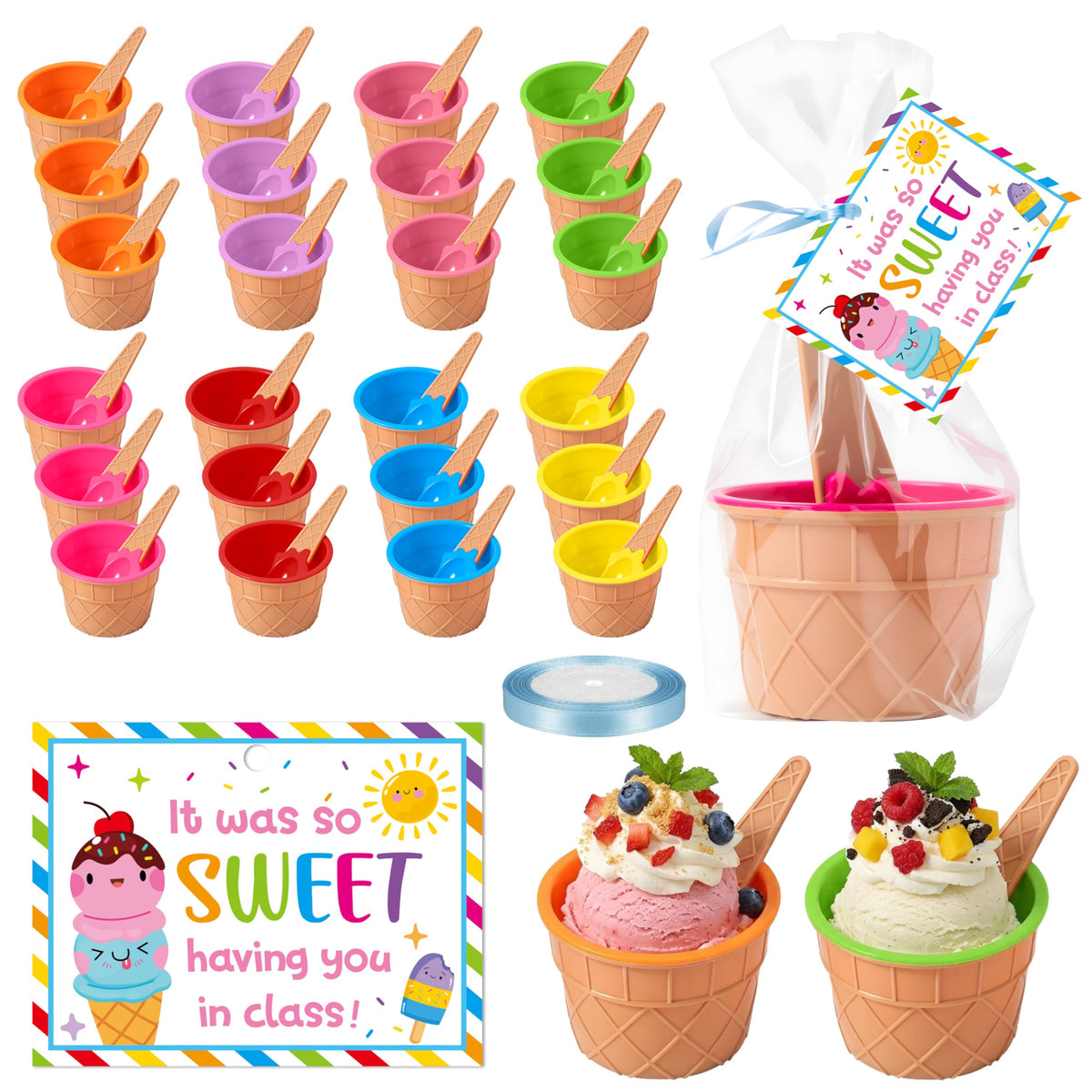 CJiangpo 24-pack ice cream bowls with spoons for classrooms and parties, reusable and kid-friendly.