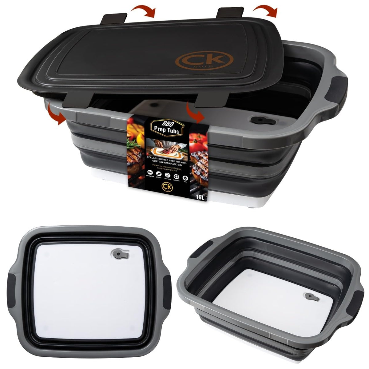 CK GOLD New XL collapsible BBQ prep tub with lid for mess-free outdoor grilling